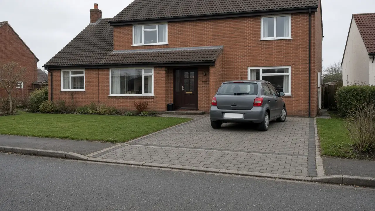 1960s brick semi in Thornaby with a new grey block-paved drive and a strip of lawn